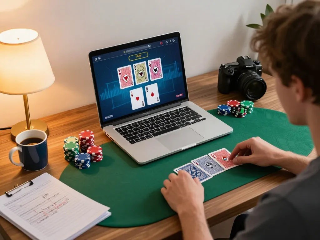 Engaged player enjoying poker on laptop at home, showcasing c168 gaming experience
