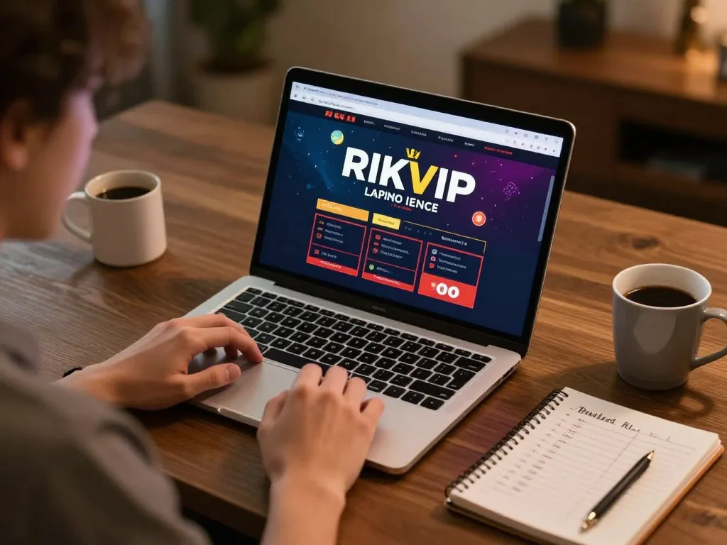 Player engaging with RIKVIP online casino on a laptop, showcasing a cozy home gambling setup.