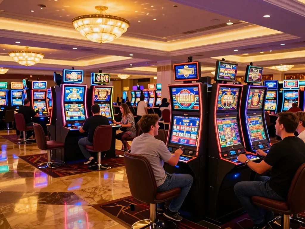 Engaged players enjoying vibrant slot machines at BarbanoGlass casino, showcasing excitement.