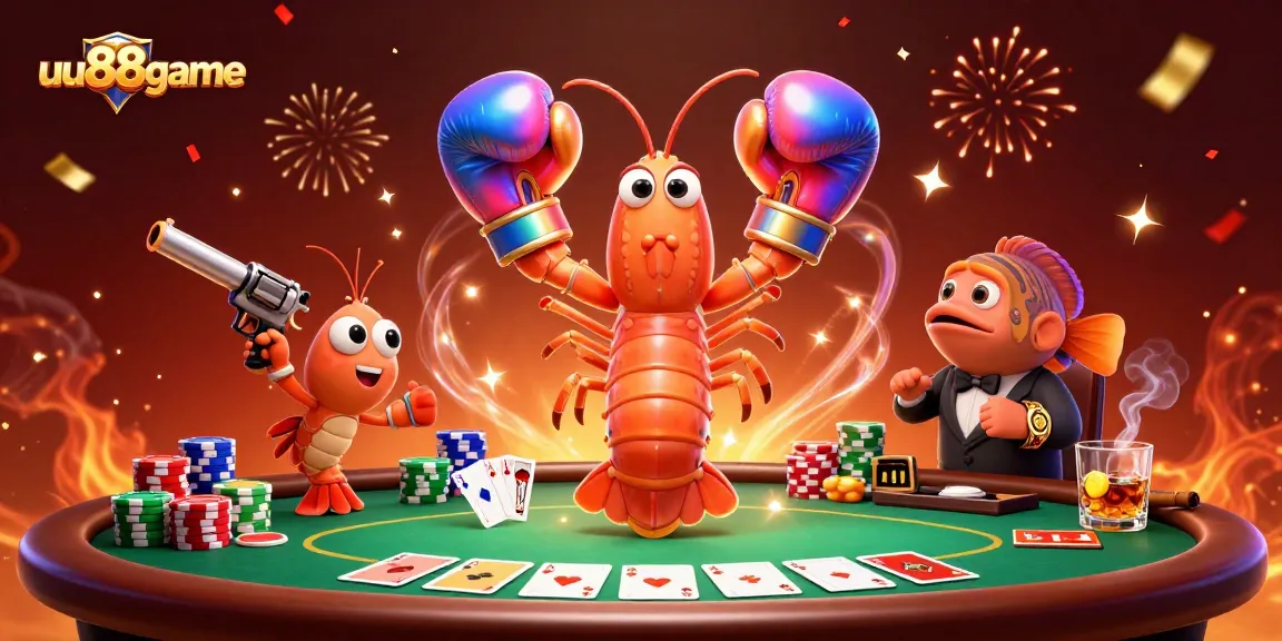 Experience intense poker action with uu88game's vibrant 3D crab characters at a lively table.