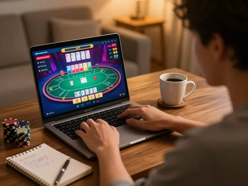 Engaging online casino gameplay at home featuring go89 on laptop with strategic notes.