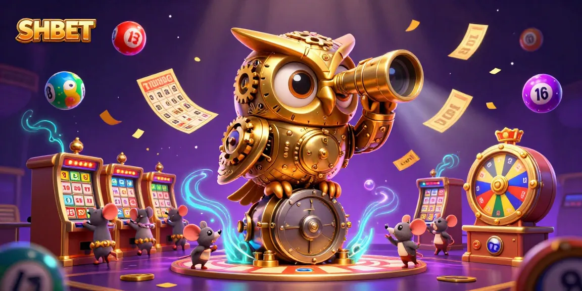 Engage with SHBET's vibrant gambling scene featuring a golden owl, colorful lottery balls, and dynamic gaming elements.