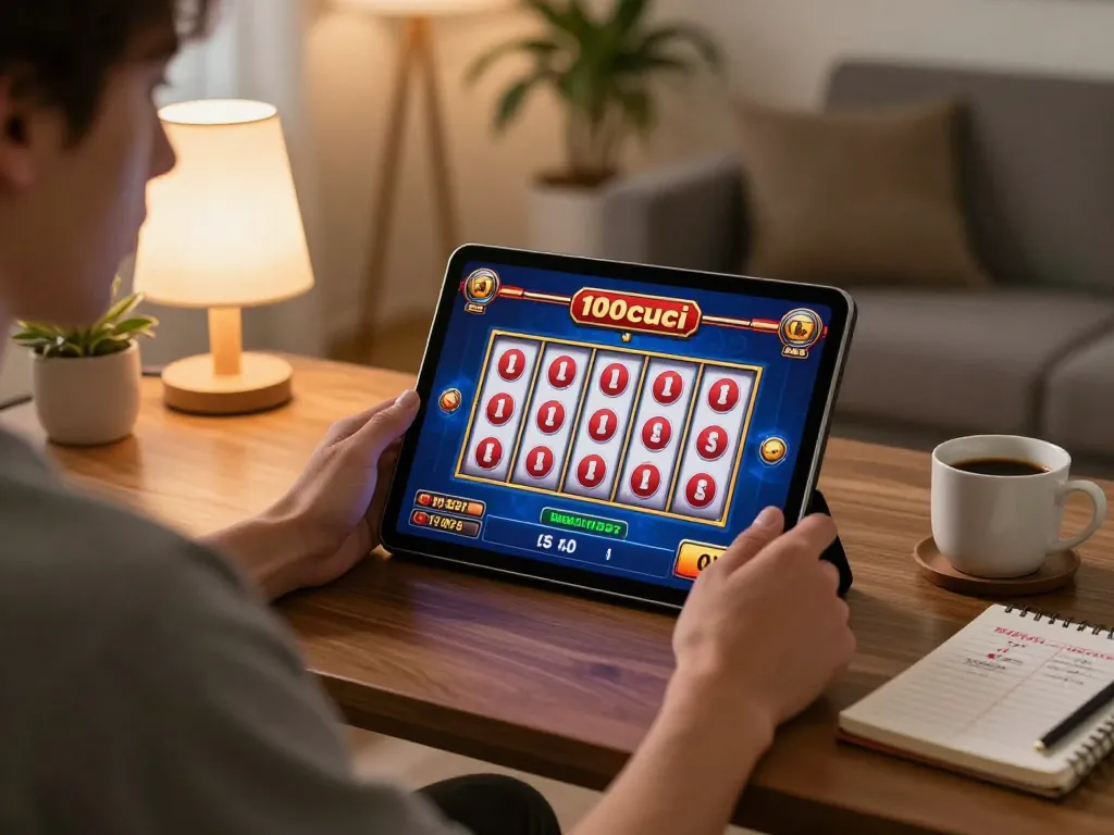 Player engaging with 100cuci online slots on tablet in cozy home setting