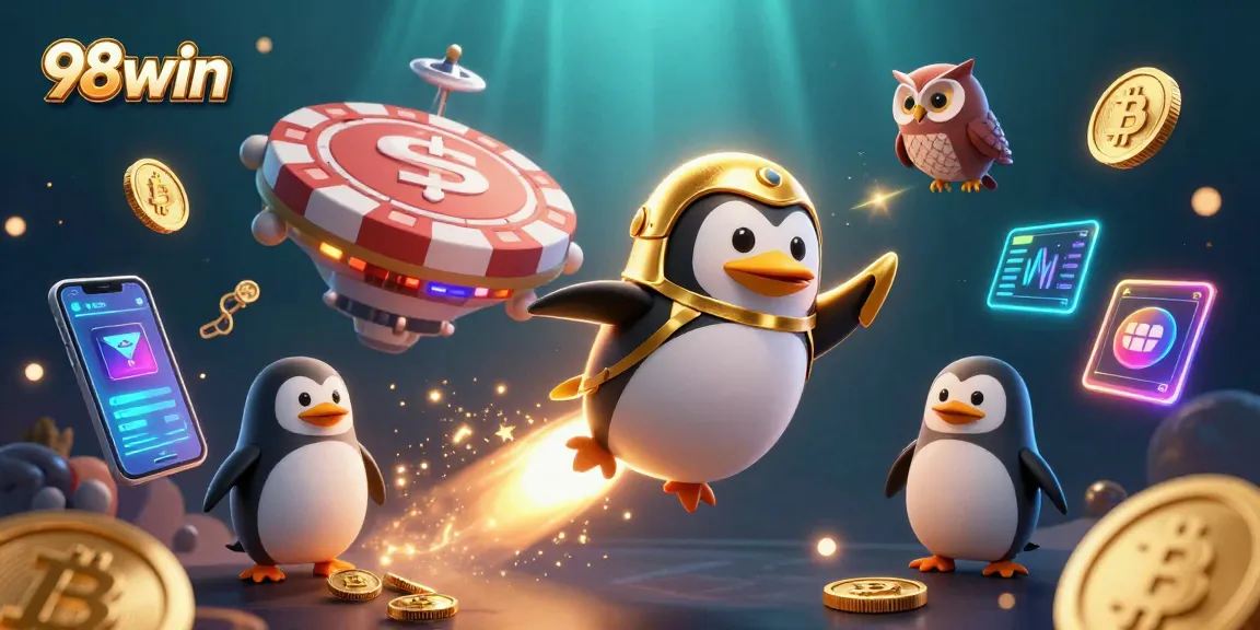 Win big at 98win with a vibrant illustration showcasing a rocket-powered penguin and casino elements.