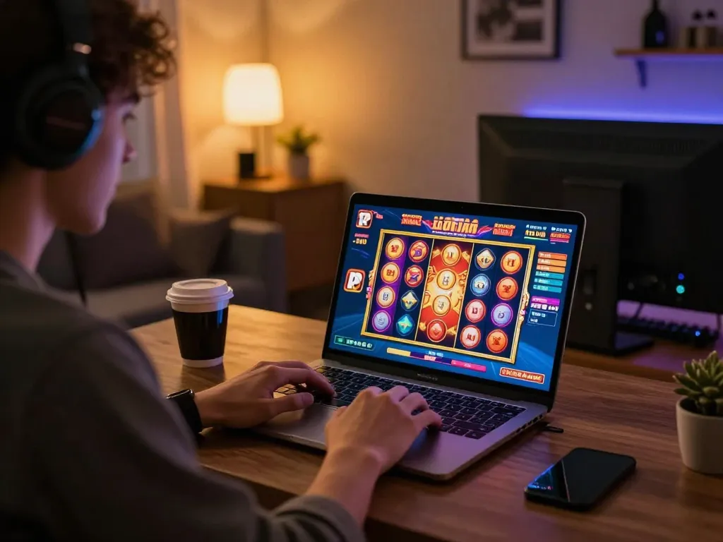 Engaging in online slots and playing เล่นzood24 on a laptop during a cozy evening