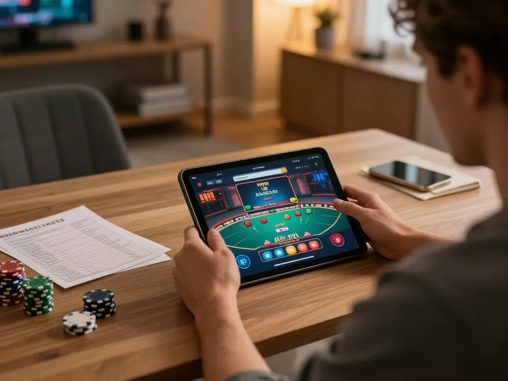 Player enjoys strategic gameplay on designitezy platform, showcasing online casino interface at cozy home setup