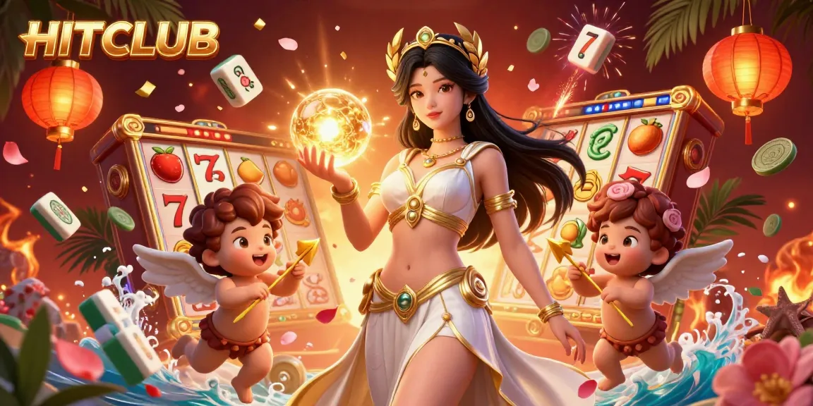 Engage with HITCLUB's exciting world of casino games featuring glowing slot reels and dynamic 3D elements.