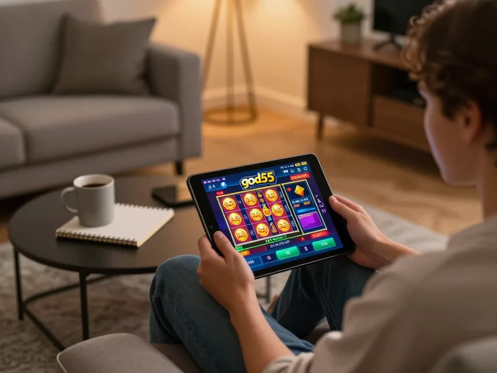 Enjoying casino gaming on the god55 app in a cozy living room setting while sipping coffee