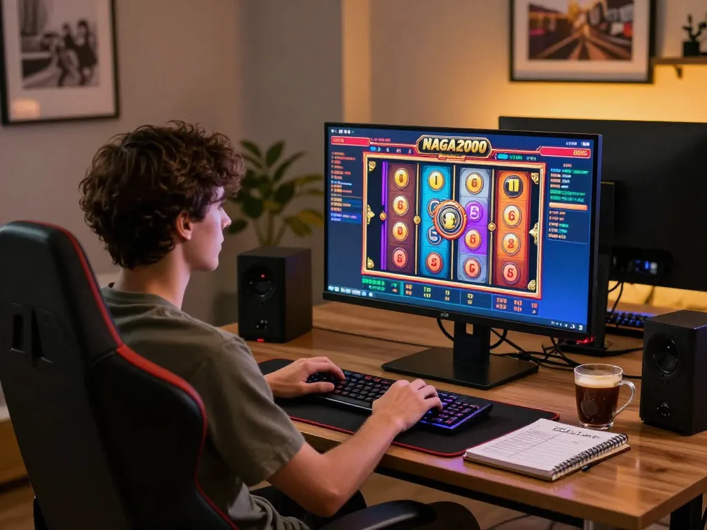 NAGA2000 online gamer enjoying a vibrant slots experience with cozy decor and warm lighting.