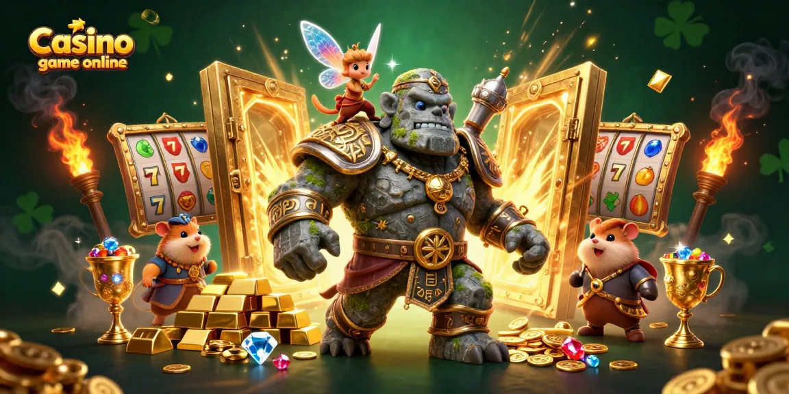 Experience exciting Casino game online with enchanting golem, fairy, and knight amidst treasure and slots.