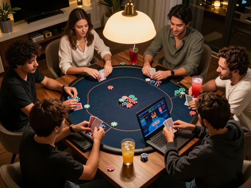 Players engaged in a lively poker game at home, showcasing nhà cái uy tín atmosphere with strategic gameplay.