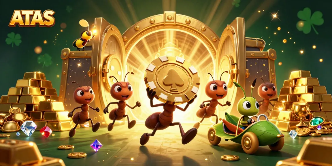 ATAS casino heist scene with cartoon ants, golden poker chip, and sparkling treasures.