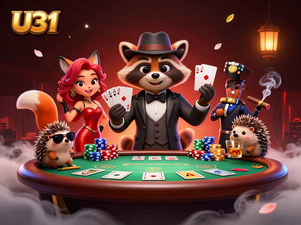 Experience the thrill of U31 with raccoon, fox, and hedgehog in this lively poker scene.