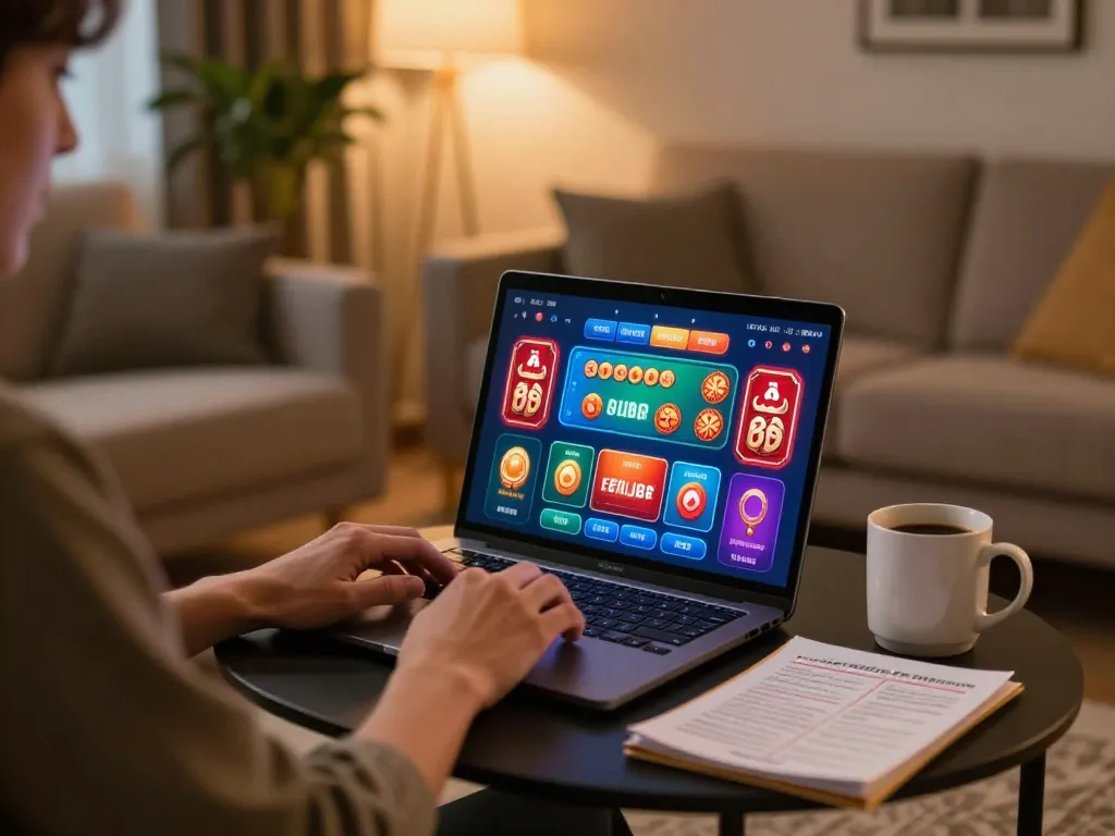 Engaging in Lô đề online with a laptop, showcasing vibrant gaming interface and strategic notes.