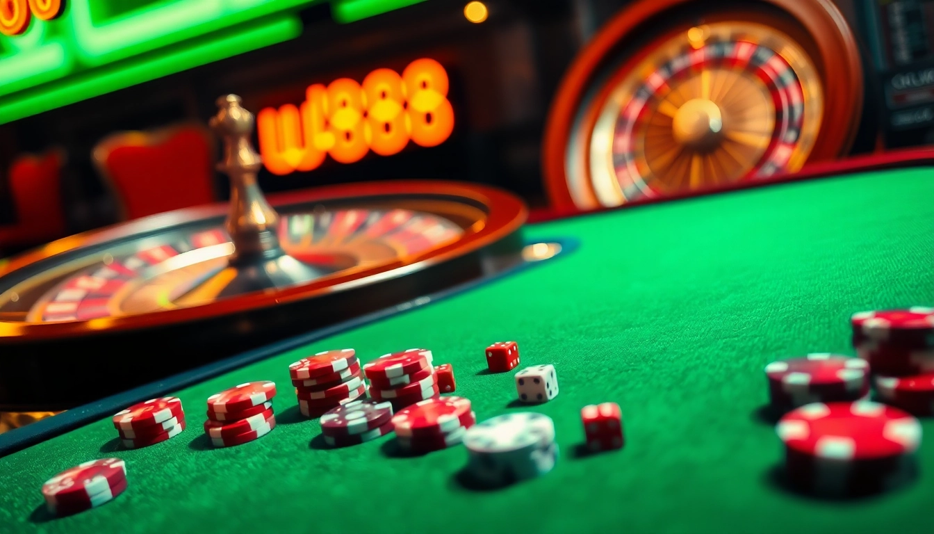 Exciting casino table scene with vibrant uu8888-themed poker chips and roulette wheel.