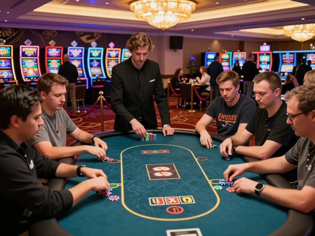 Bsport players betting in a vibrant casino setting with colorful chips and bright lights