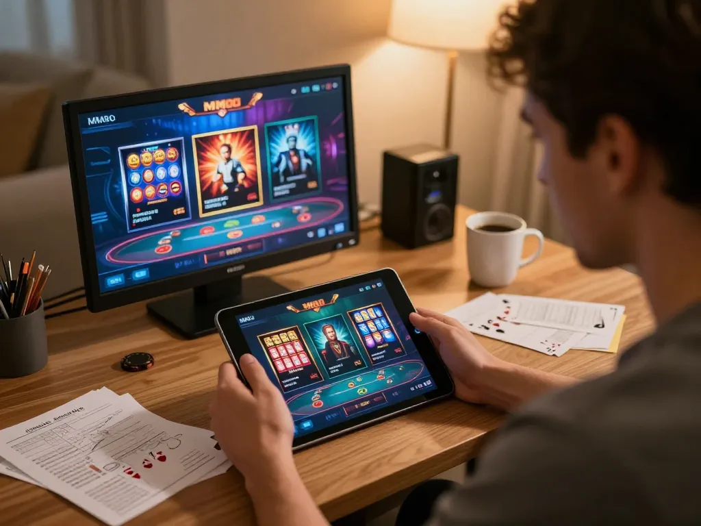 Engaged player enjoying MMOO online gaming experience, showcasing vibrant slot game interface and strategic notes