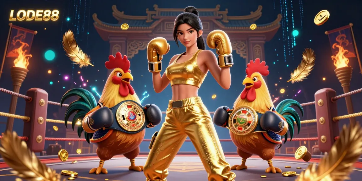 Experience thrilling action at LODE88 with a dynamic 3D illustration of sports betting featuring a champion rooster and an athletic woman.