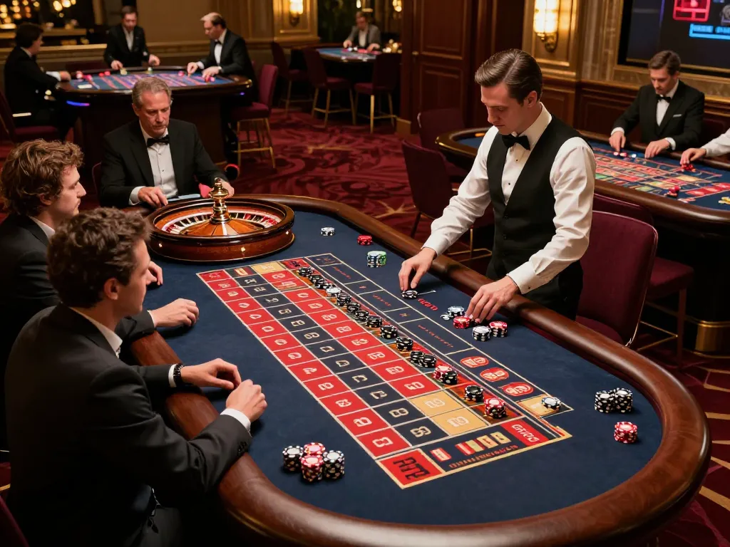 Players engage at the roulette table with chips during an intense game of 5679.