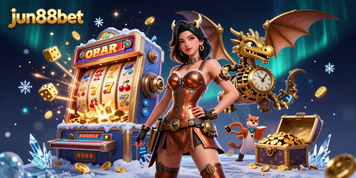 Experience the thrill with jun88bet at a lively 3D casino illustration featuring slot machines and a jackpot explosion.