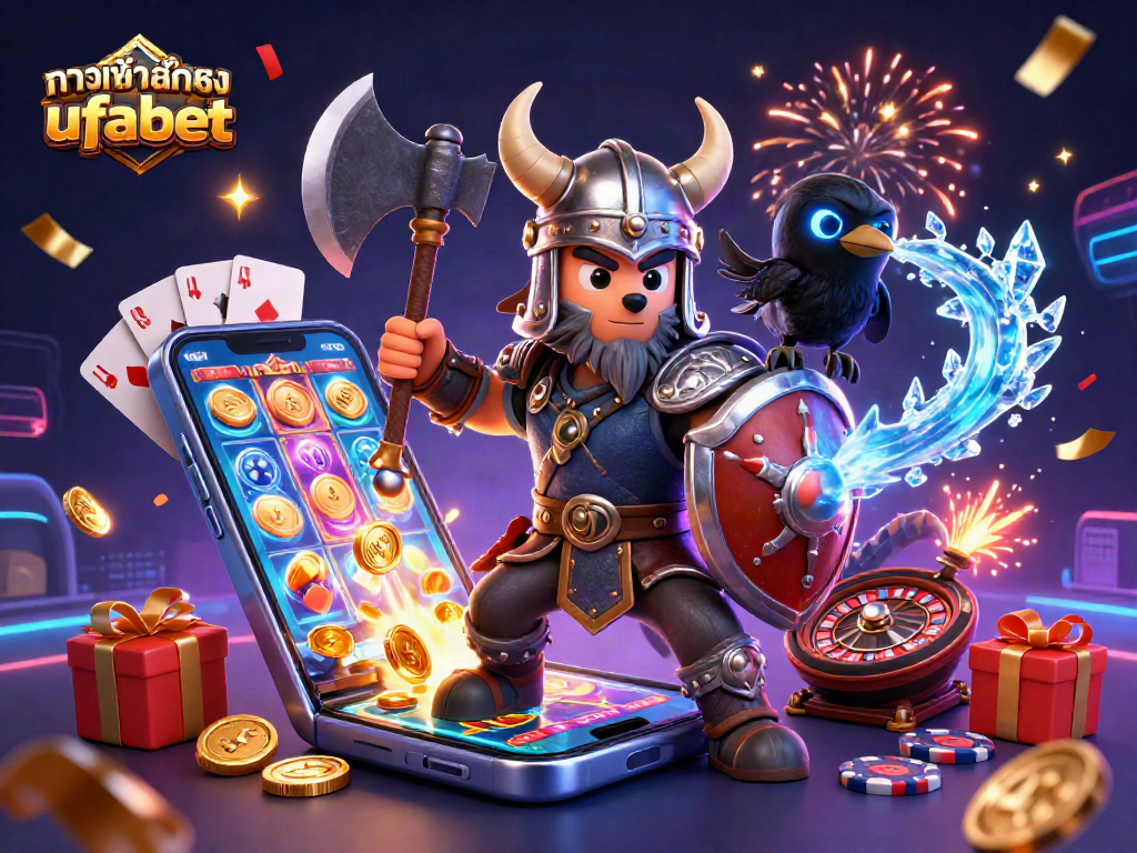 Engage with the fun of gaming at ทางเข้าสำรอง ufabet, featuring Viking warrior and dragon amidst vibrant casino action.