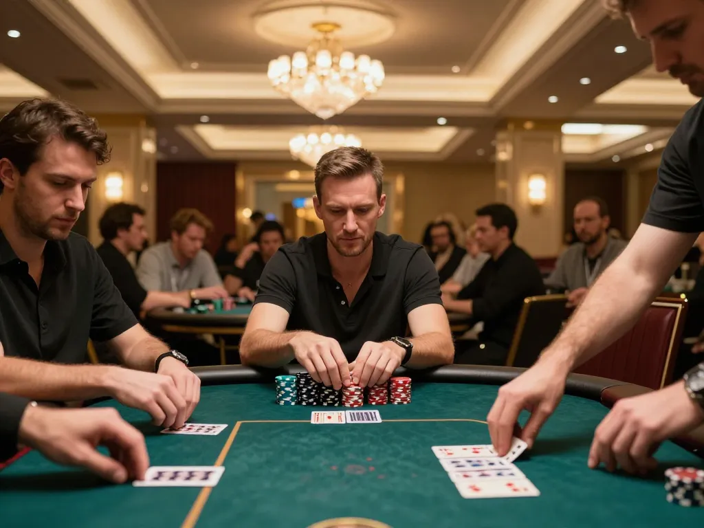 High-stakes poker players strategizing their next moves at RR88 casino table amidst luxurious surroundings.