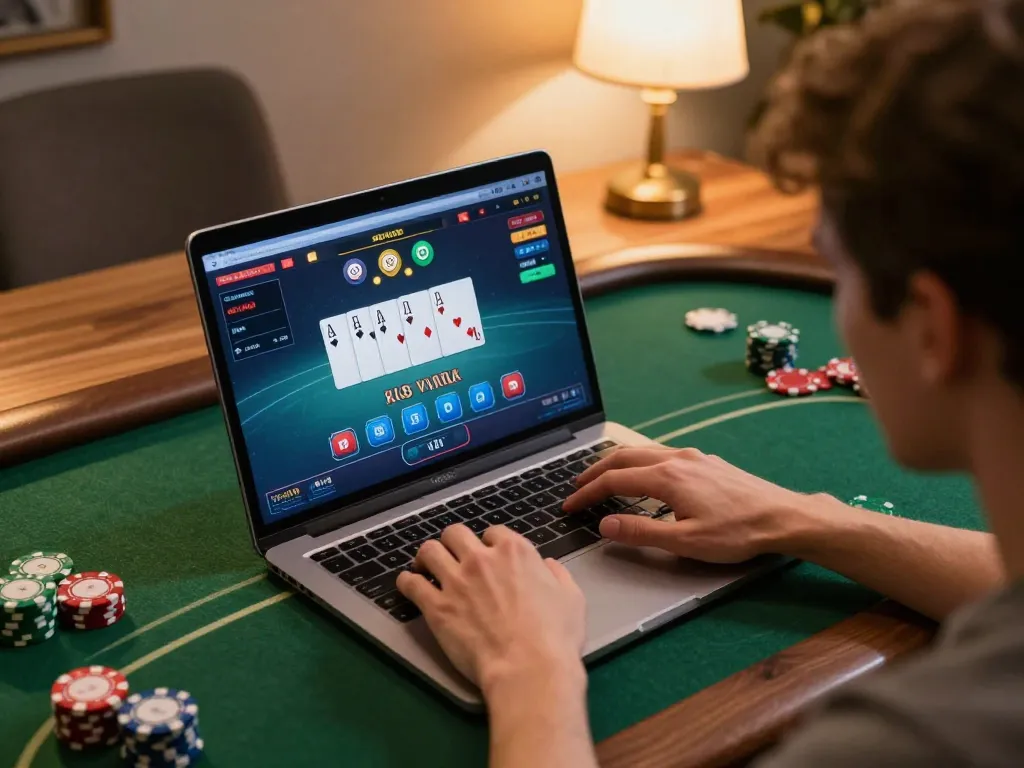 Player engaging in online gambling at home, showcasing the trusted nhà cái uy tín atmosphere.