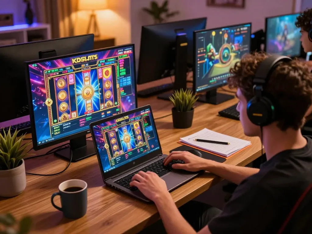 Player enjoying kdslot casino games on a laptop in a cozy gaming setup with warm lighting