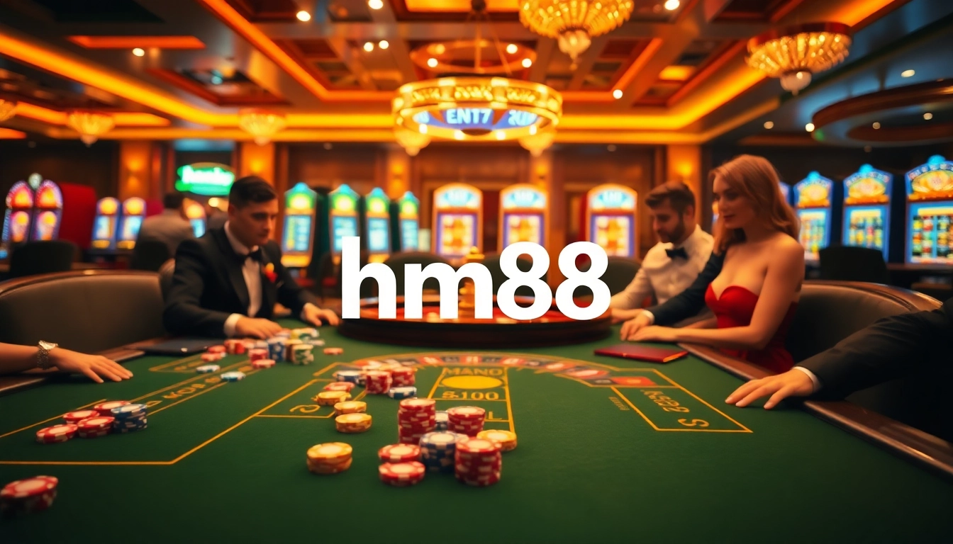 Exciting casino scene with players gambling at a poker table, featuring HM88 branding.