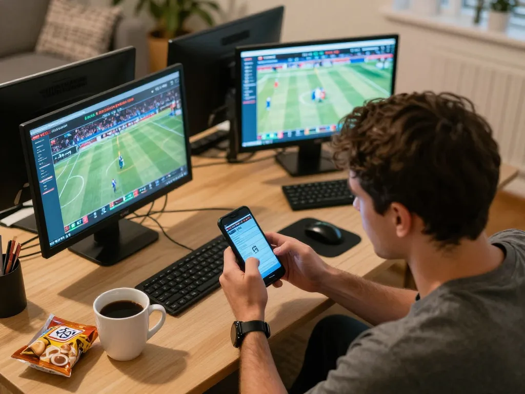 Person engaging in online sports betting at home using mobile app, focused on 100VIP strategies