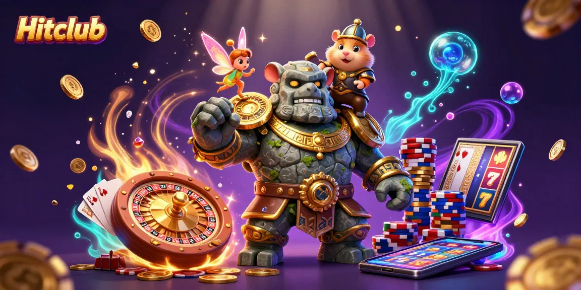 Hitclub fortune awaits with a magical stone golem, fairy, and hamster knight amidst cascading coins and gems.