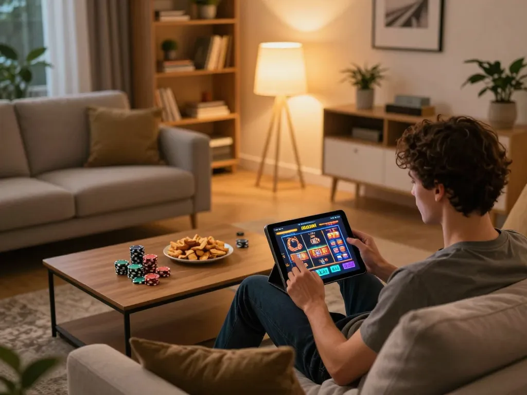 A person enjoying alev casino slots on a tablet in a cozy home gaming setup.