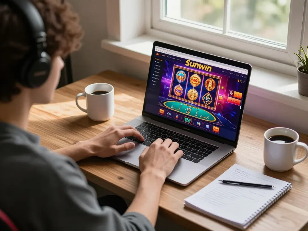 Player engaging with Sunwin casino on laptop at home, displaying colorful game interface and drinks.