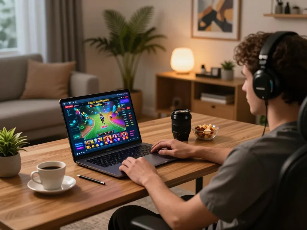 Engaging home gaming scene featuring cm88 online casino interface on laptop, illustrating responsible entertainment.