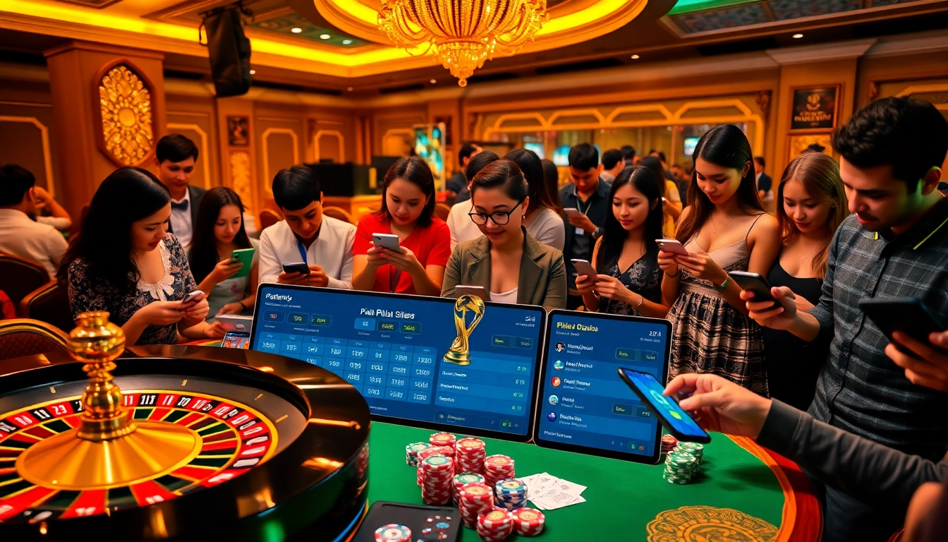 Engaging in Judi Bola Piala Dunia betting with a vibrant online gambling scene featuring poker chips and a roulette wheel.