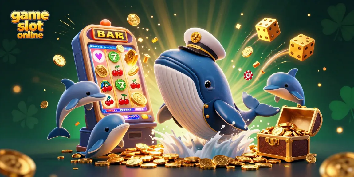 Play thrilling game slot online with a massive whale, narwhal, and dolphins amid coins and slot machines.