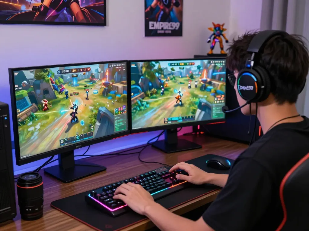 Engaged gamer experiencing Empire99 with dual monitors and vibrant atmosphere.