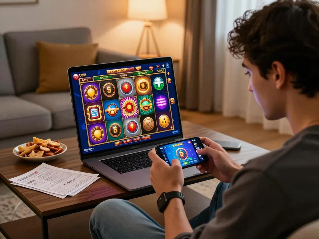 Player celebrating a win while playing the slot dewa game on their smartphone at home.