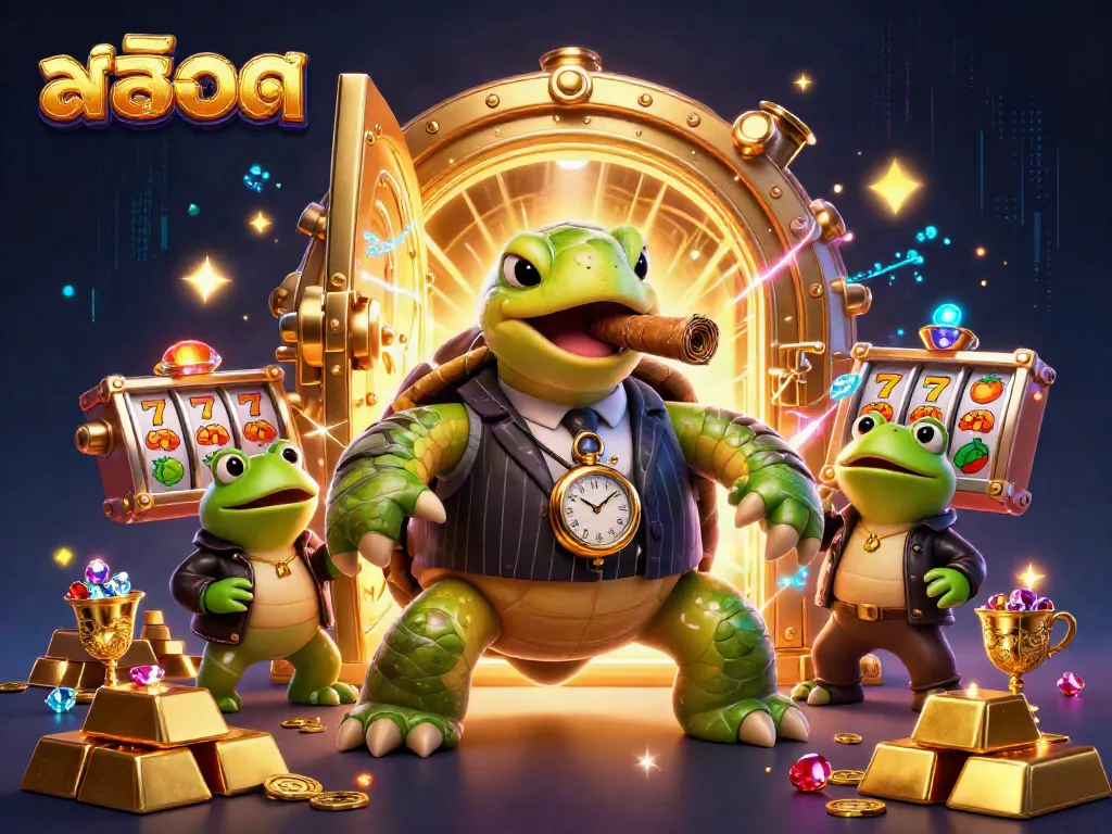 Experience thrilling สล็อต action with a 3D turtle in a mobster suit and two bullfrog enforcers amidst casino lights.