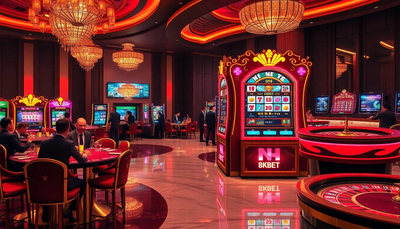 NỔ HŨ 8KBET slot machine in a luxurious casino setting with high-rollers.