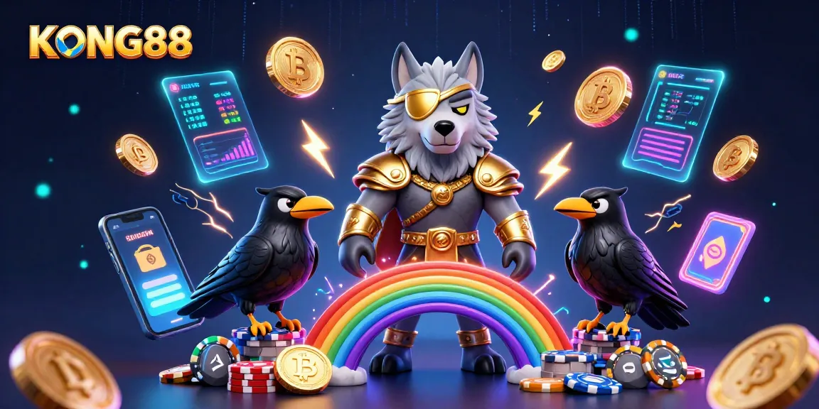 Engage in KONG88's dynamic gambling scene with Odin and ravens on a chip bridge.