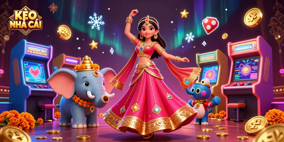 KÈO NHÀ CÁI showcases a vibrant scene with colorful casino elements and an engaging dance pose.
