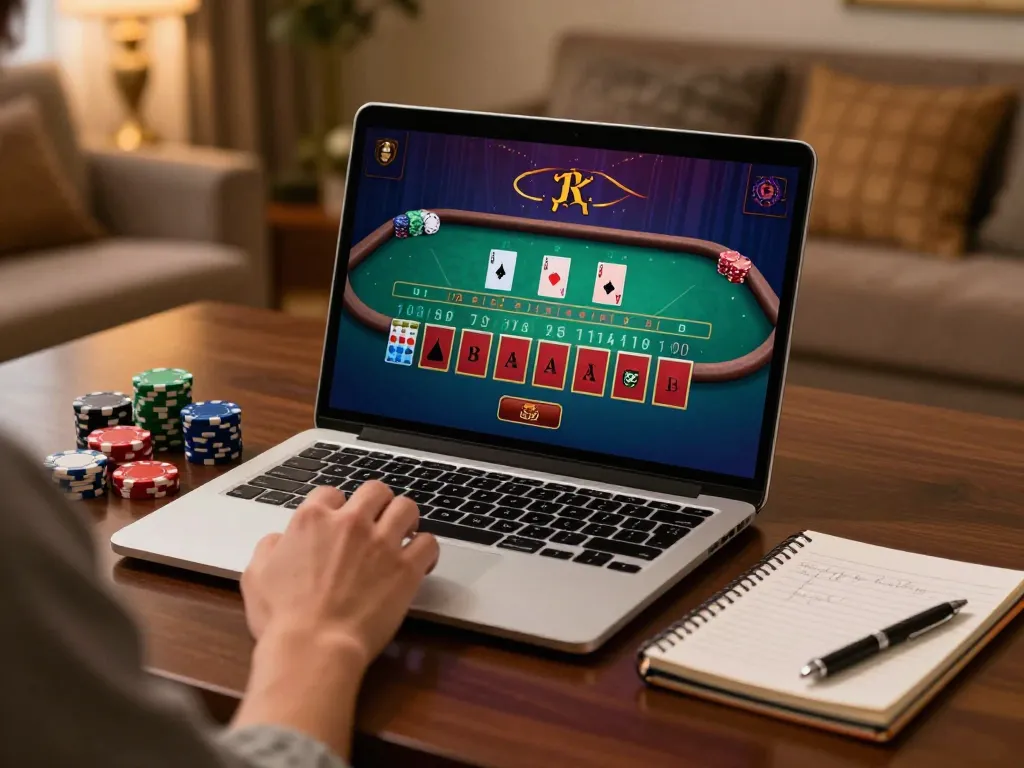 A player engages in baccarat online at home, reflecting the exciting nk88 gaming experience with strategic elements visible.