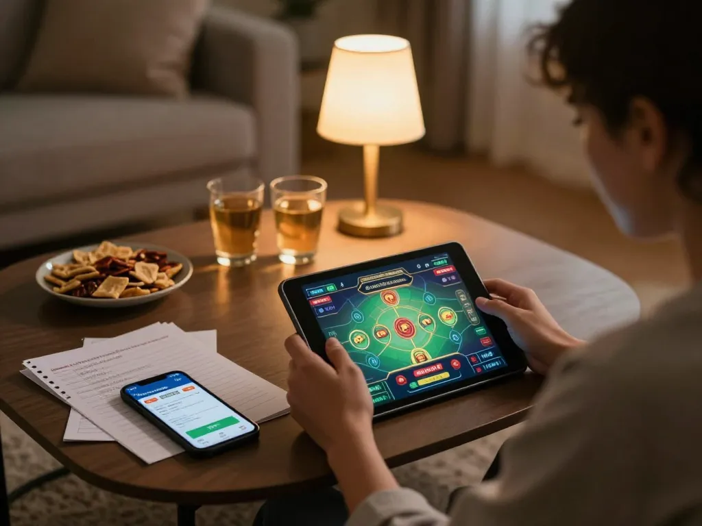 Person using tablet to play on https://betbdt.art online casino, showcasing engaging gameplay in cozy home setting