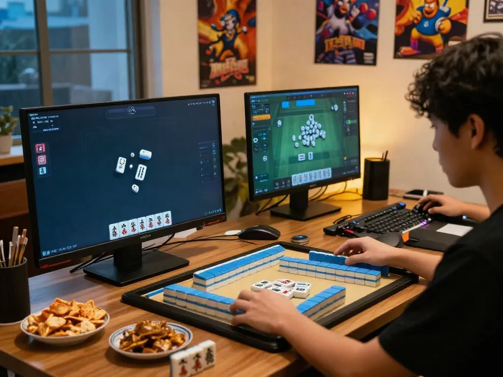 Pengguna bermain Mahjong di komputer dengan suasana nyaman dan dekorasi permainan yang menarik, mesinmpo dan simbol Mahjong terlihat jelas.