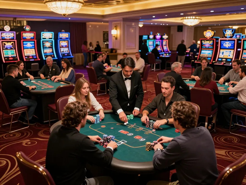 Players enjoying strategic poker games at a bustling casino floor with gen-e gaming experience.