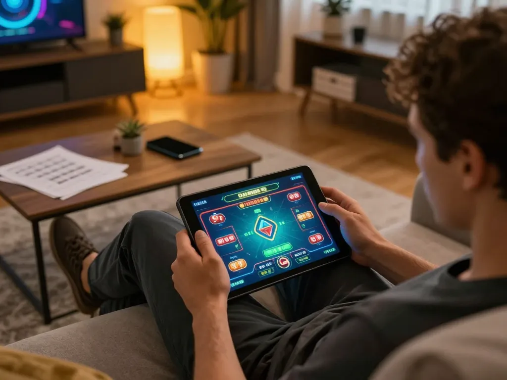 Engaging in strategic online gaming with dash88 on a tablet in a cozy living room setting
