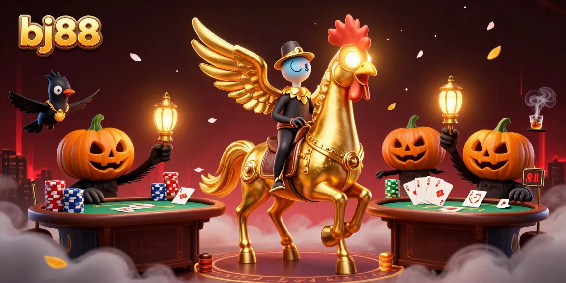 BJ88 offers thrilling gameplay with golden rooster performing in a midnight casino setting, enhancing betting experiences.