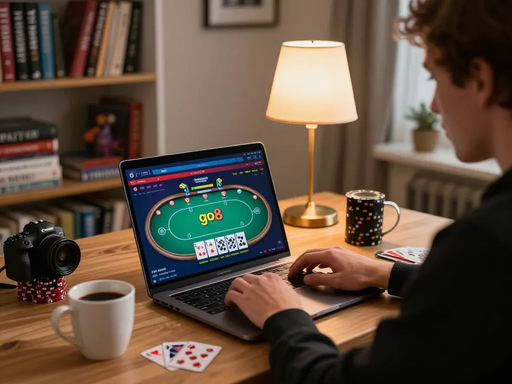 Player engaged in online poker at go8, immersed in strategy with ambient home lighting.