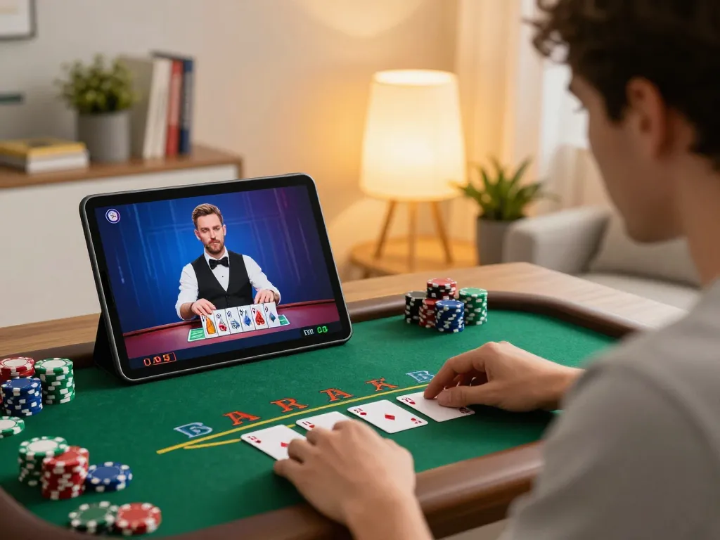 Experience thrilling gameplay with sun win in a cozy online casino setting, showcasing a live blackjack session.